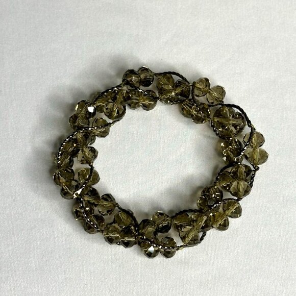 Handcrafted Stretch Bracelet With Crystal Taupe Beads & Hematite Finish Metal - Picture 3 of 7